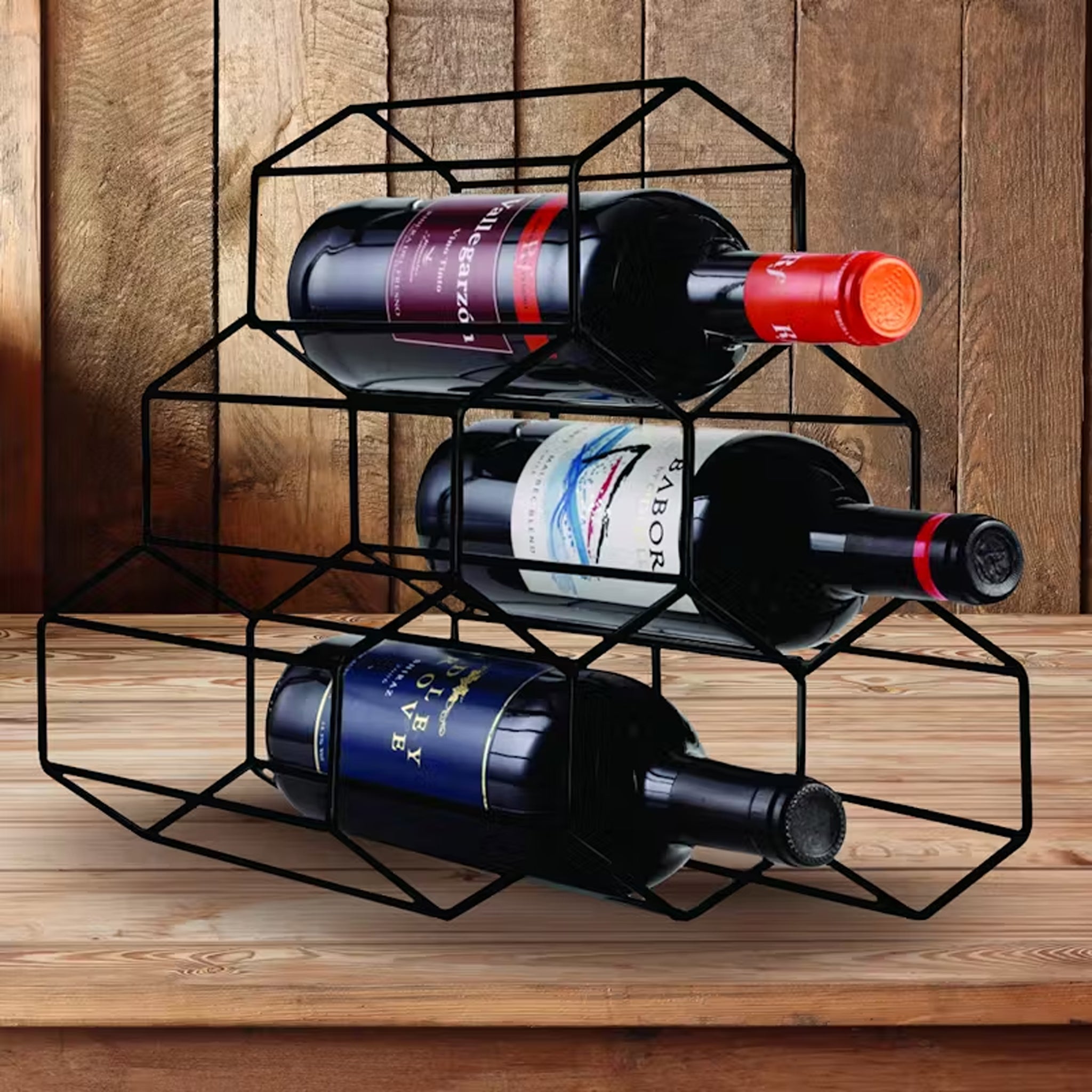 BAR BUTLER GEOMETRIC HEXAGON 6 BOTTLE BLACK WINE RACK