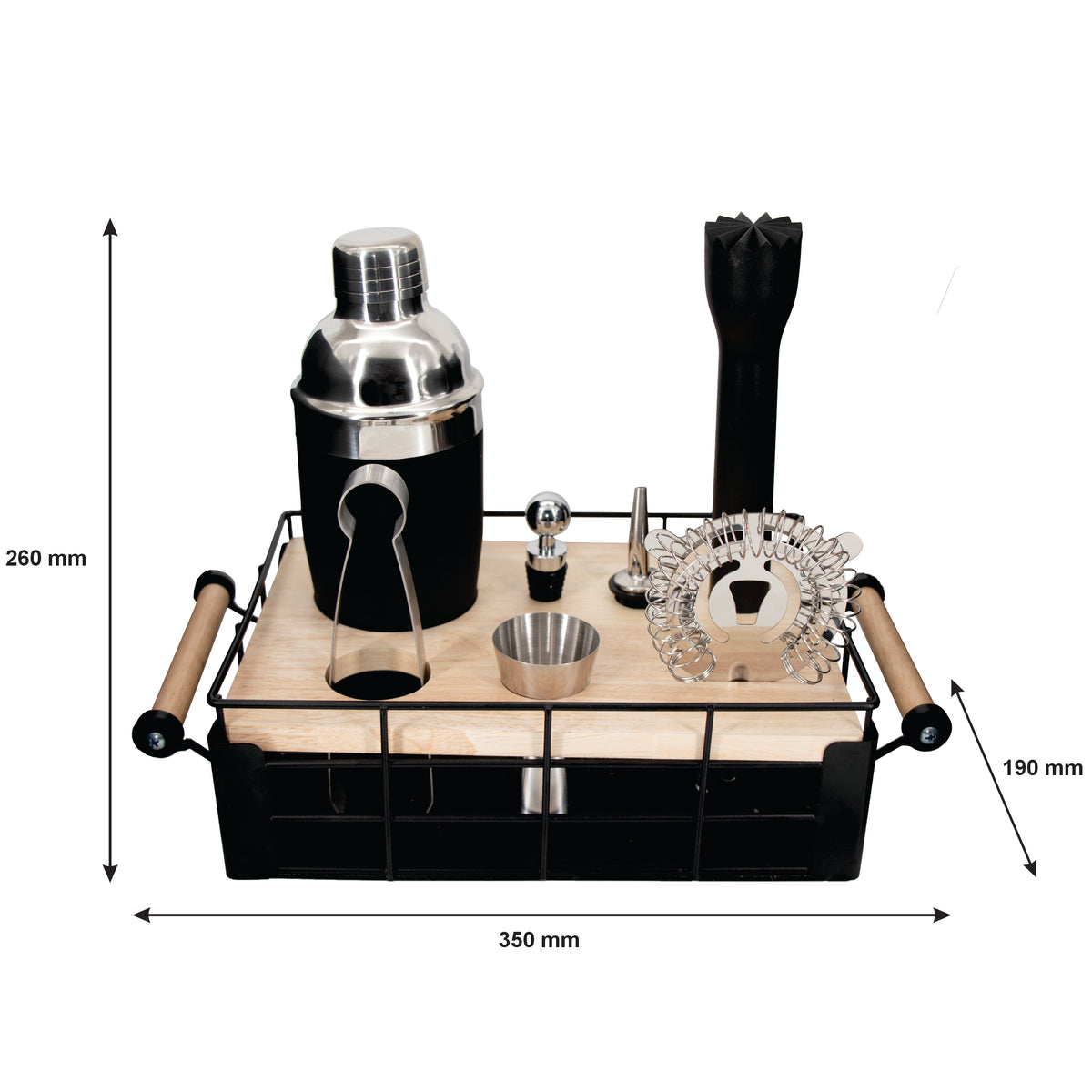 BAR BUTLER COCKTAIL BAR CADDY WITH WOODEN HANDLES, 8PCS SET
