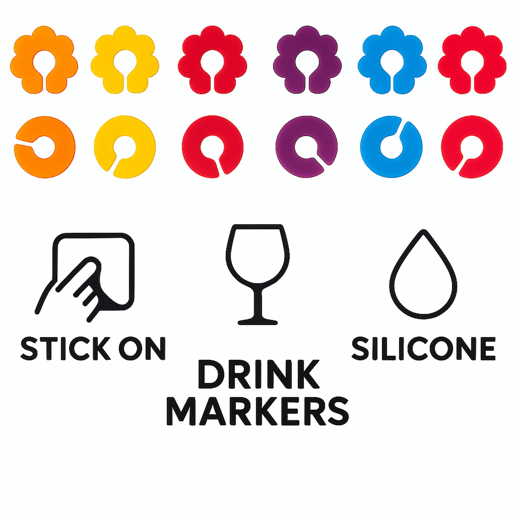 BAR BUTLER WINE GLASS STEM COLOURED SILICONE MARKERS 12PK SET
