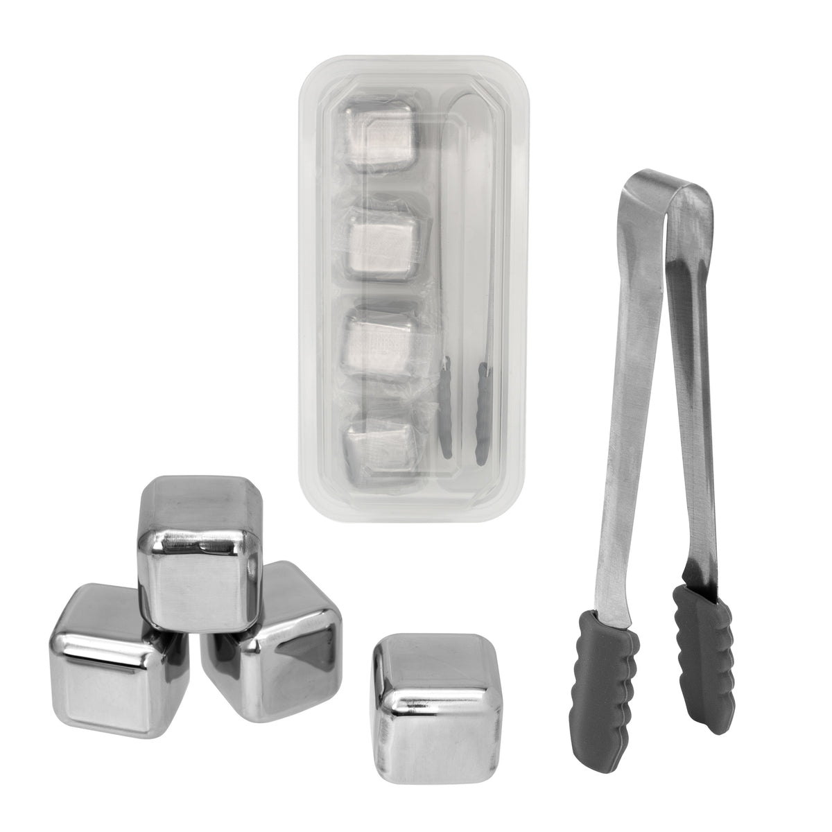 BAR BUTLER CHILLING CUBES (4) WITH ICE TONG ST STEEL & SILICONE, IN A PLASTIC CASE, 6PCS SET