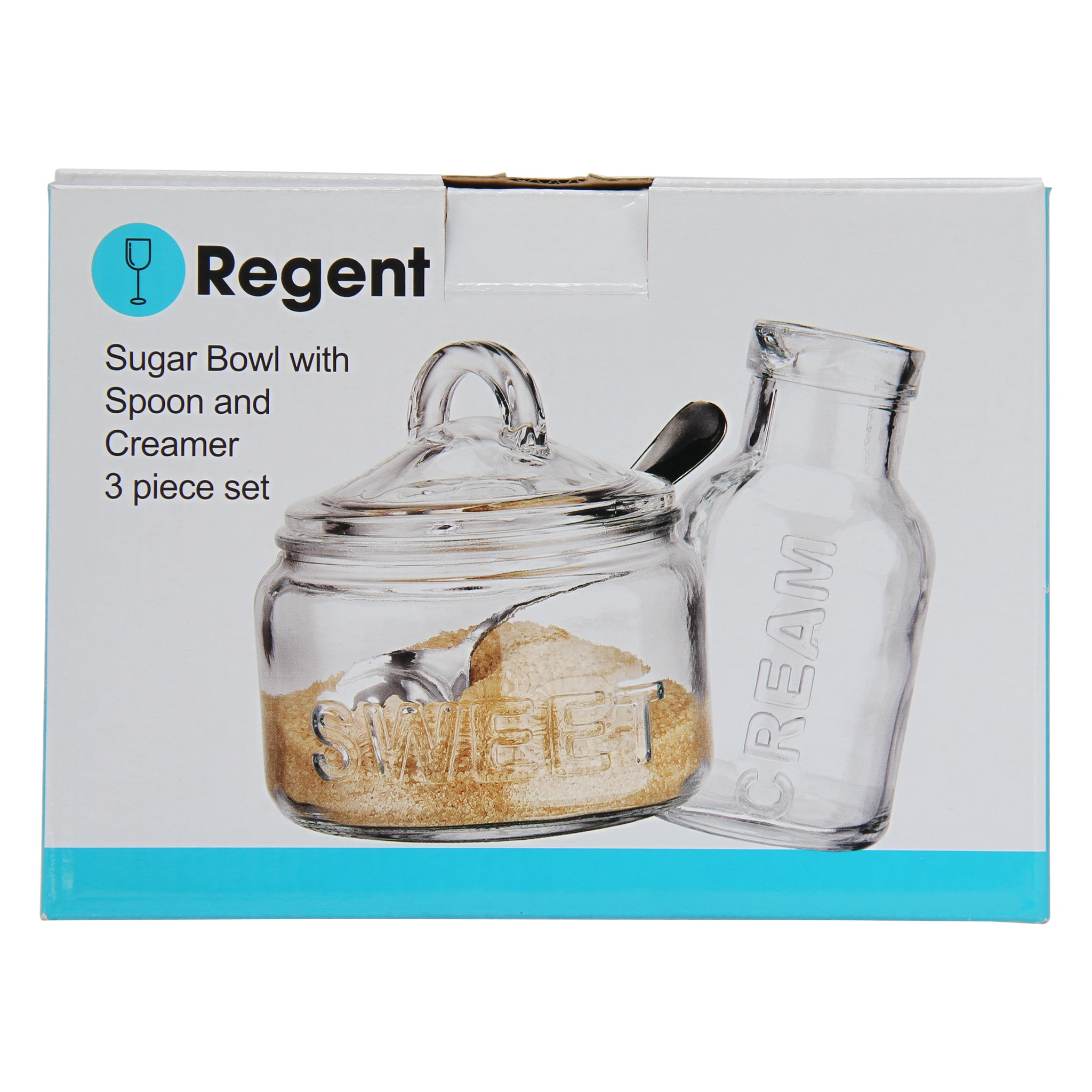 REGENT GLASS SUGAR BOWL 540ML & CREAMER 340ML WITH SPOON 3PCS SET