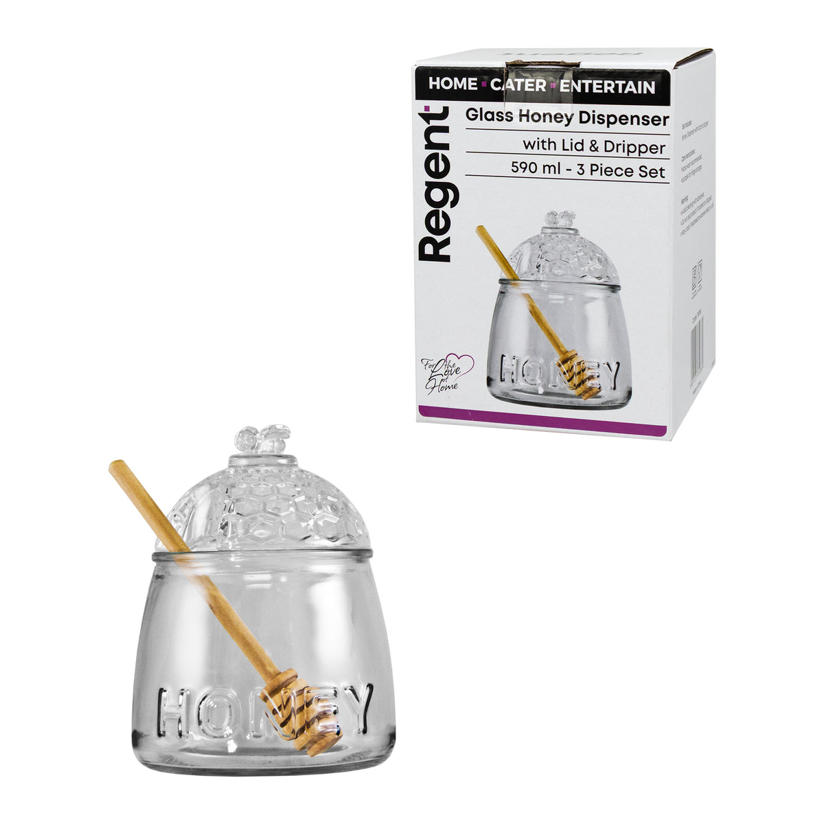 REGENT GLASS HONEY DISPENSER WITH LID & WOODEN DRIPPER 3PCS SET, 590ML