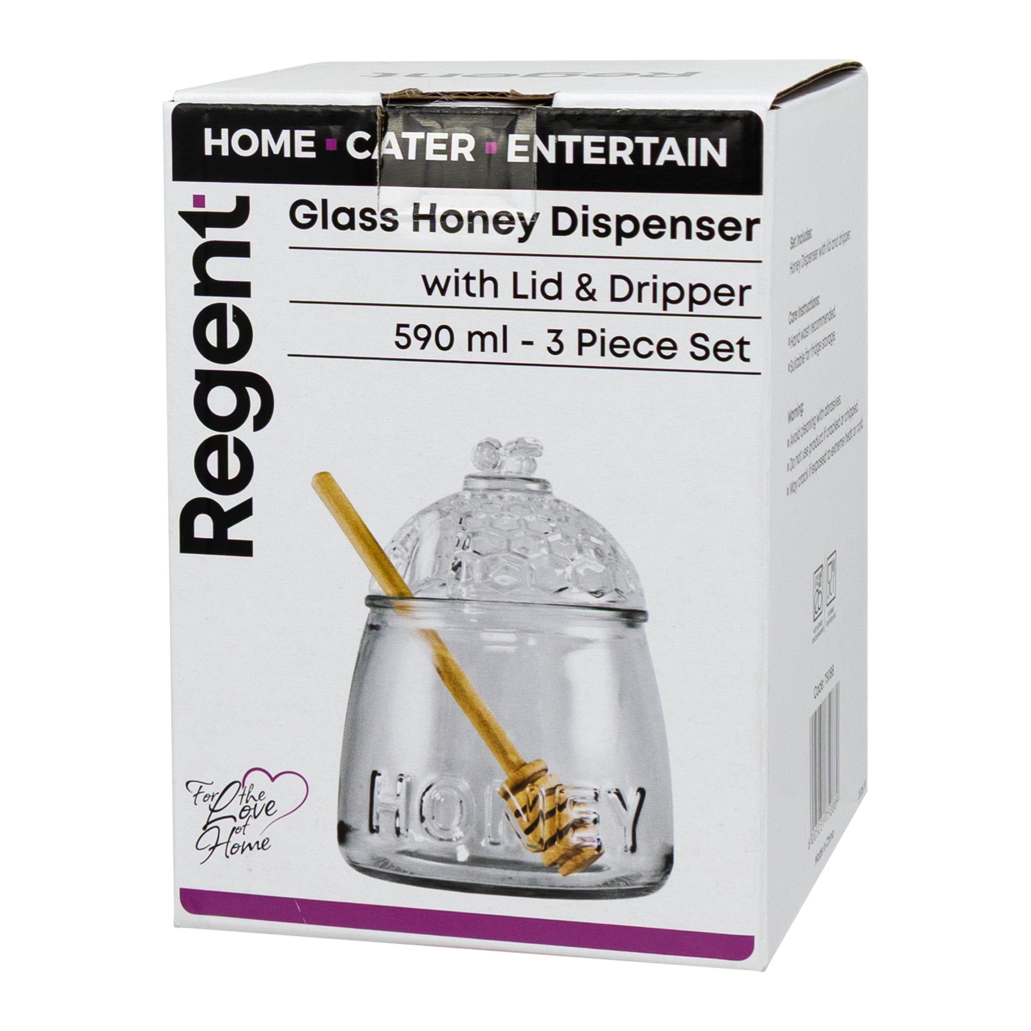 REGENT GLASS HONEY DISPENSER WITH LID & WOODEN DRIPPER 3PCS SET, 590ML