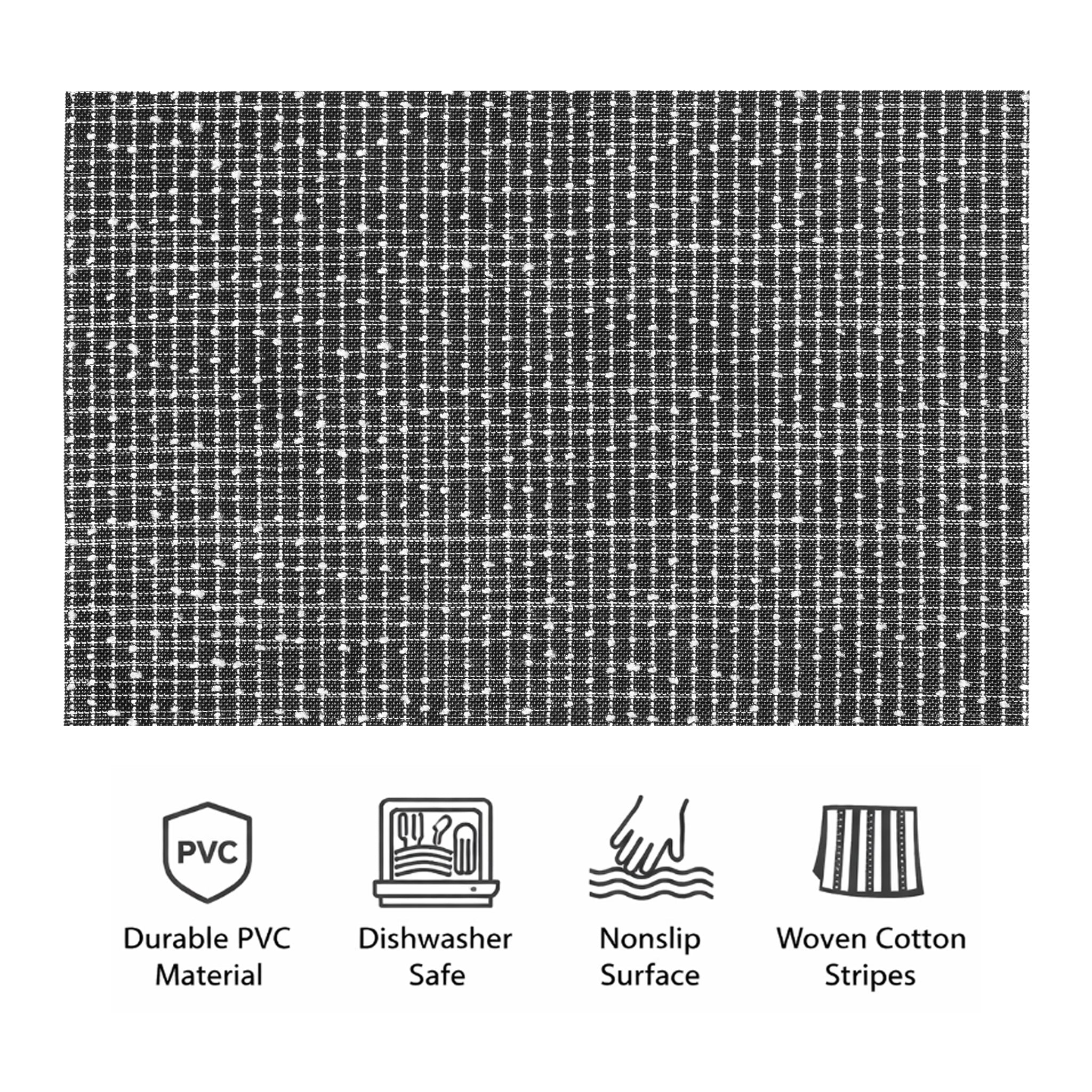 REGENT PLACE MATS WOVEN PVC & COTTON MOTTLED BLACK & WHITE 4PK ROLL, 300X450MM