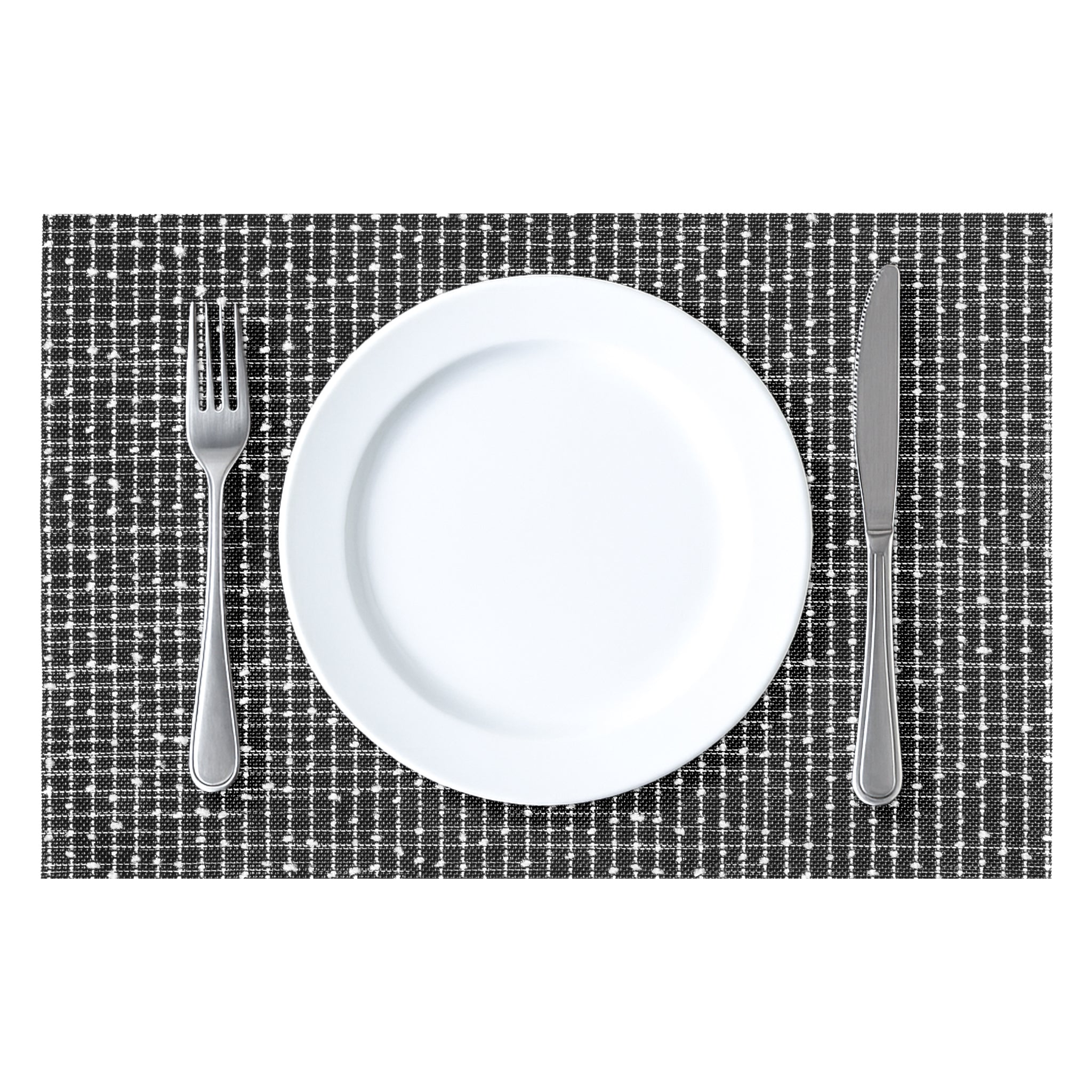 REGENT PLACE MATS WOVEN PVC & COTTON MOTTLED BLACK & WHITE 4PK ROLL, 300X450MM
