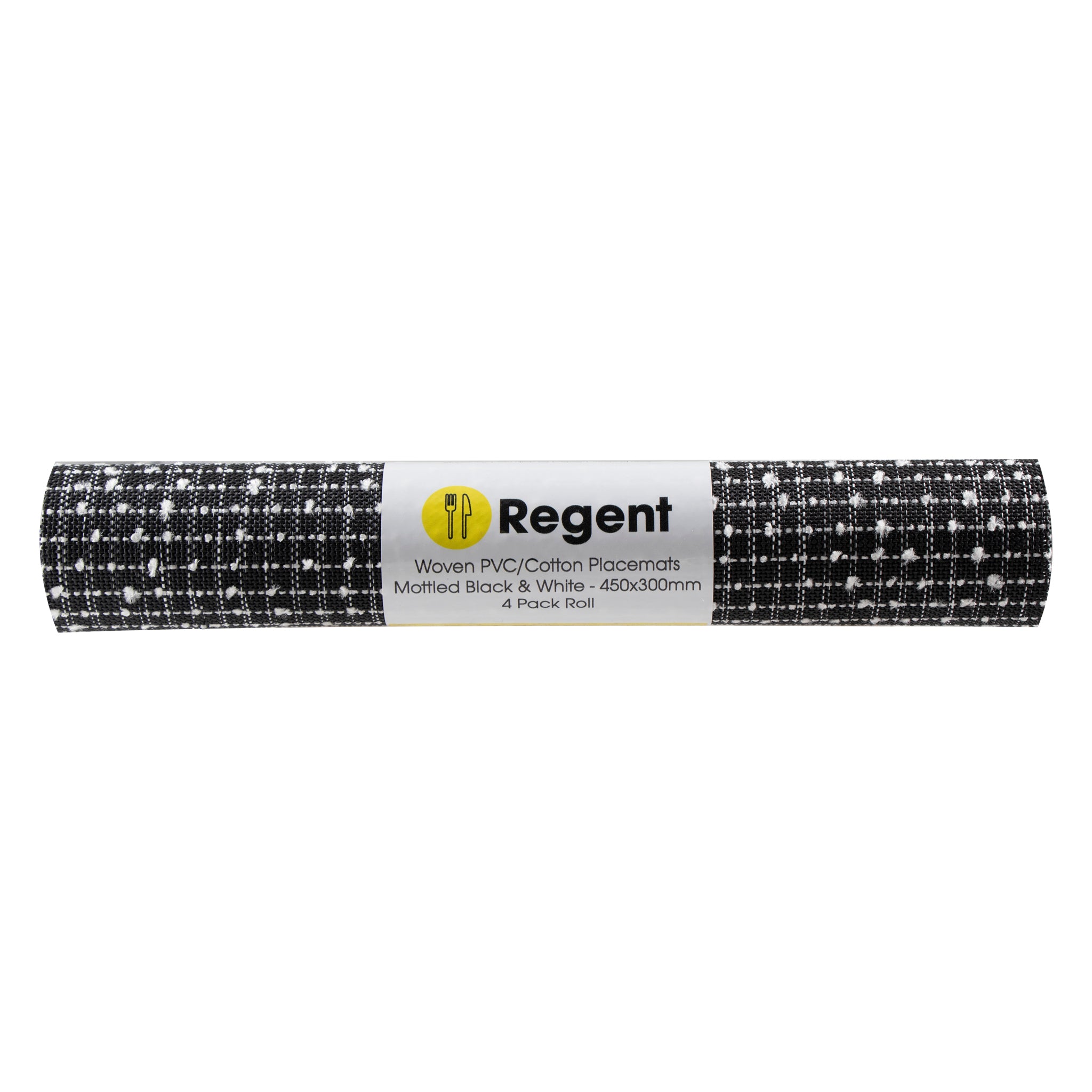 REGENT PLACE MATS WOVEN PVC & COTTON MOTTLED BLACK & WHITE 4PK ROLL, 300X450MM