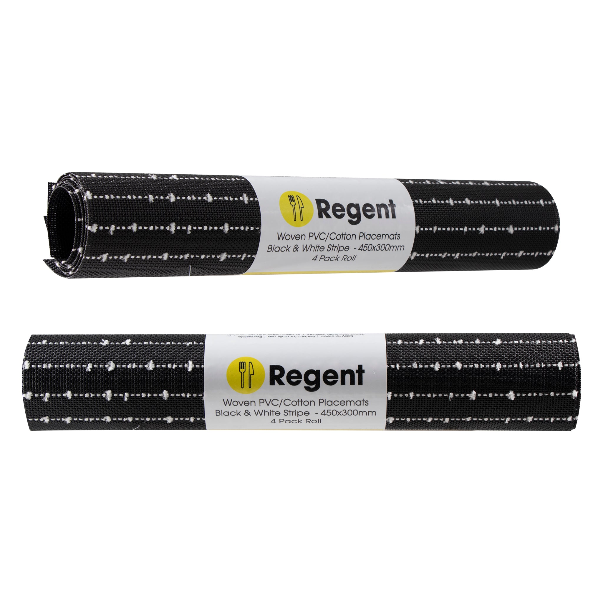 REGENT PLACE MATS WOVEN PVC BLACK WITH WHITE COTTON STRIPES 4PK ROLL, 300X450MM