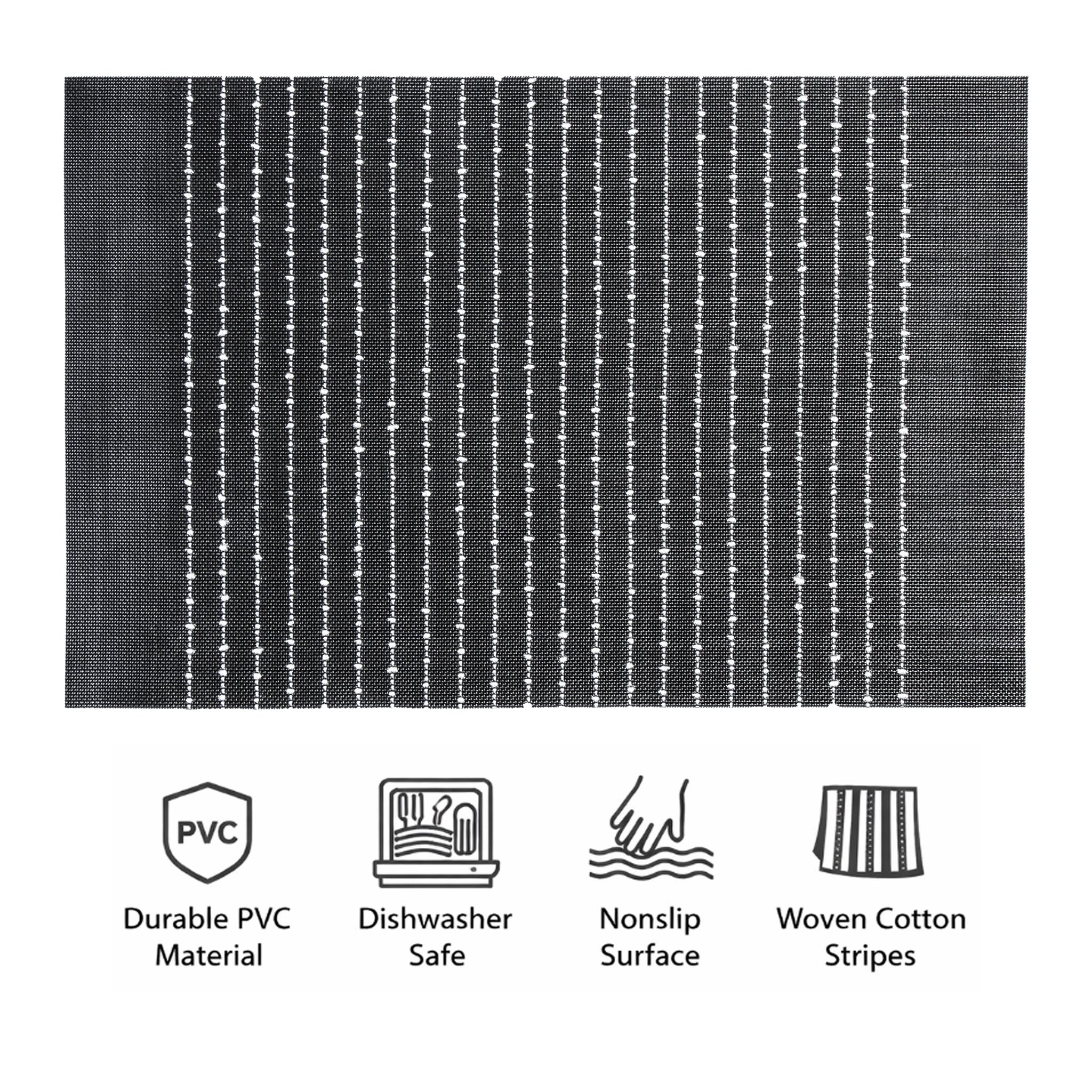 REGENT PLACE MATS WOVEN PVC BLACK WITH WHITE COTTON STRIPES 4PK ROLL, 300X450MM