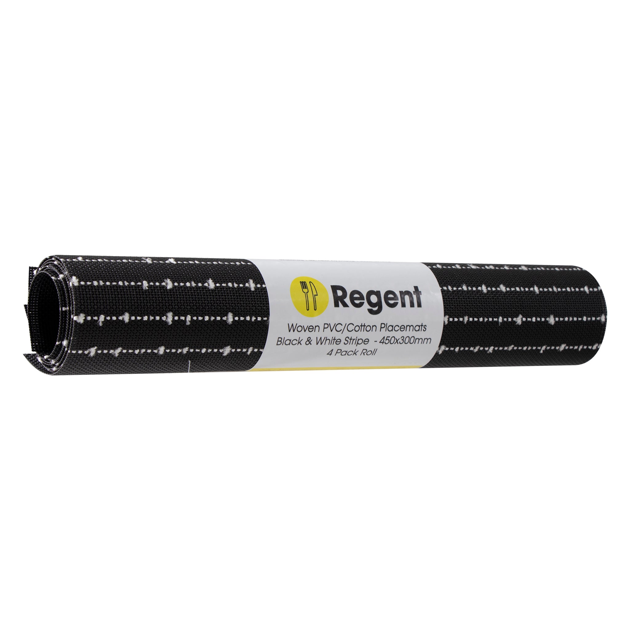 REGENT PLACE MATS WOVEN PVC BLACK WITH WHITE COTTON STRIPES 4PK ROLL, 300X450MM