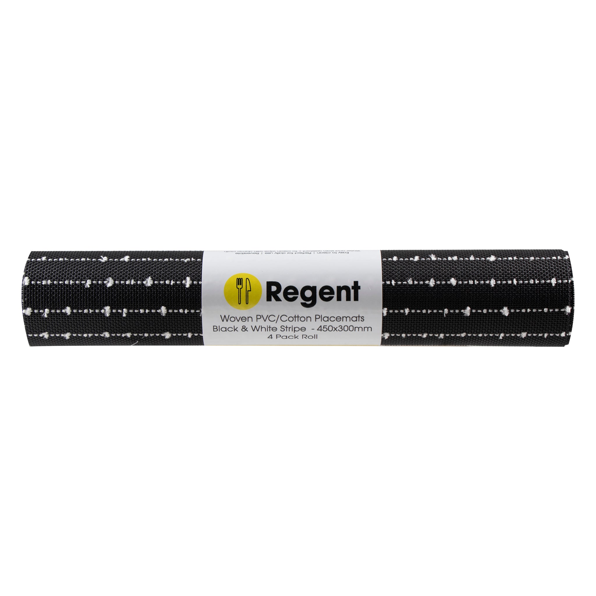 REGENT PLACE MATS WOVEN PVC BLACK WITH WHITE COTTON STRIPES 4PK ROLL, 300X450MM