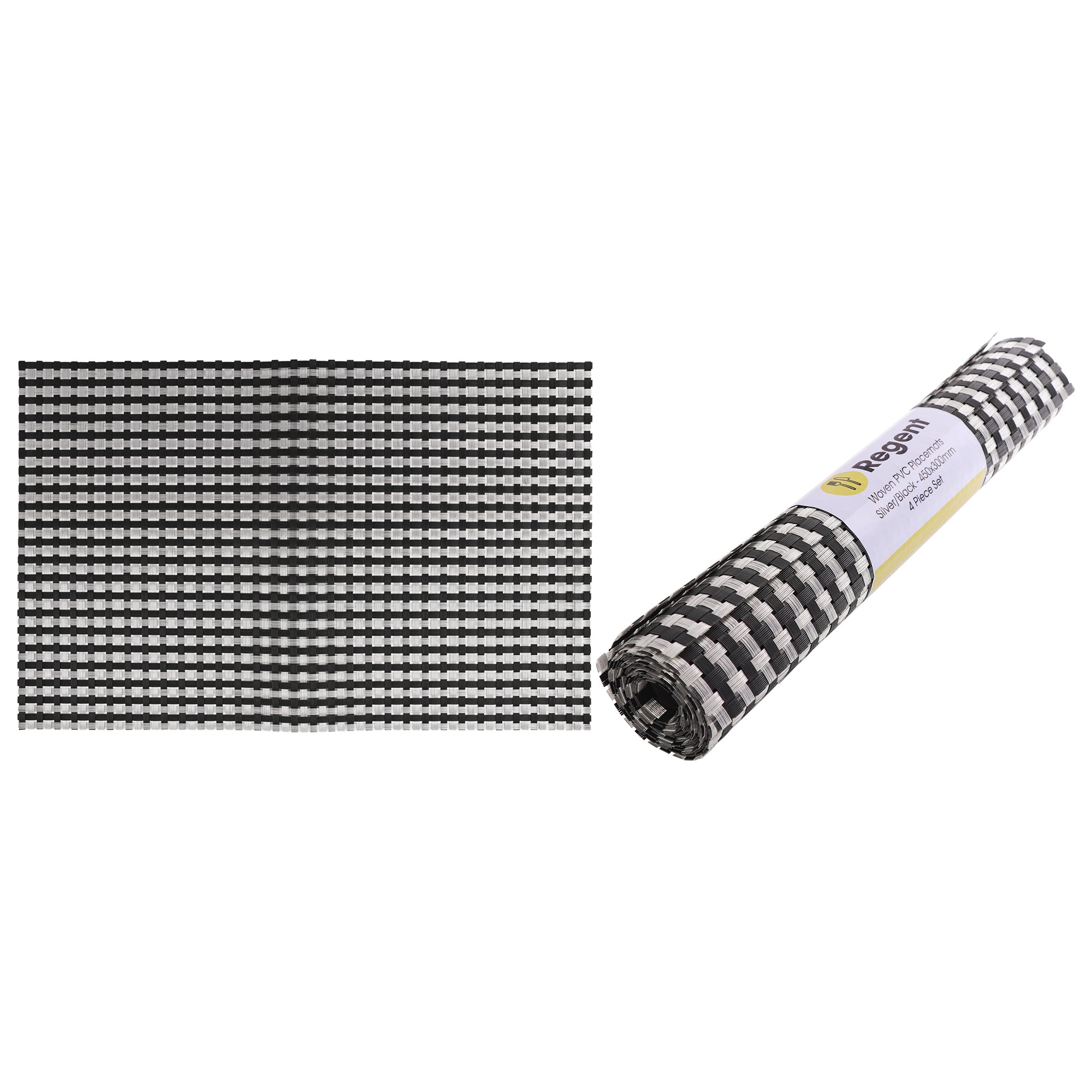 REGENT PLACE MATS WOVEN SILVER/BLACK PVC 4PK ROLL, 300X450MM
