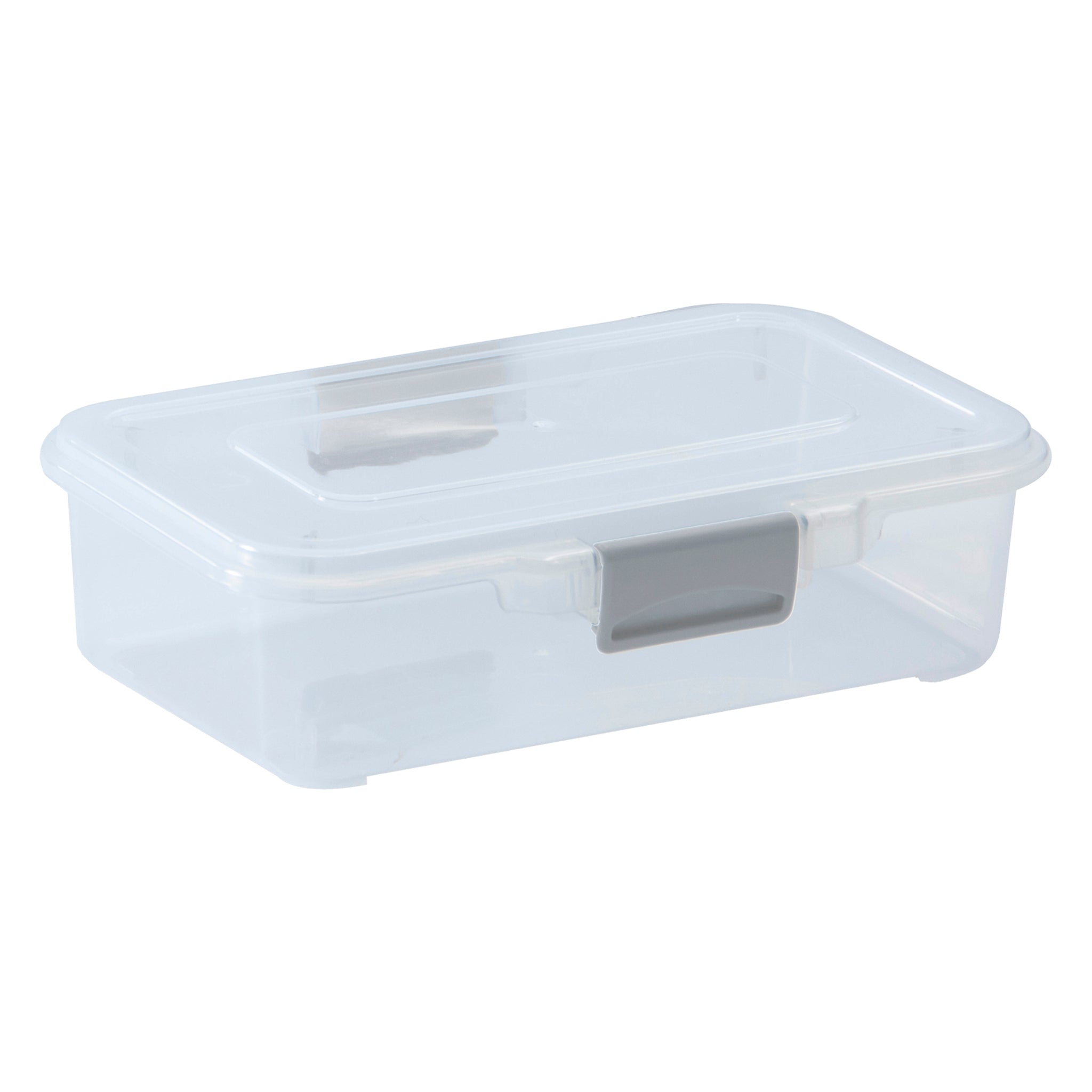 REGENT STOREAWAY PLASTIC STORAGE BOX CLEAR & GREY CLIPS, 450ML - 190X130X45MM