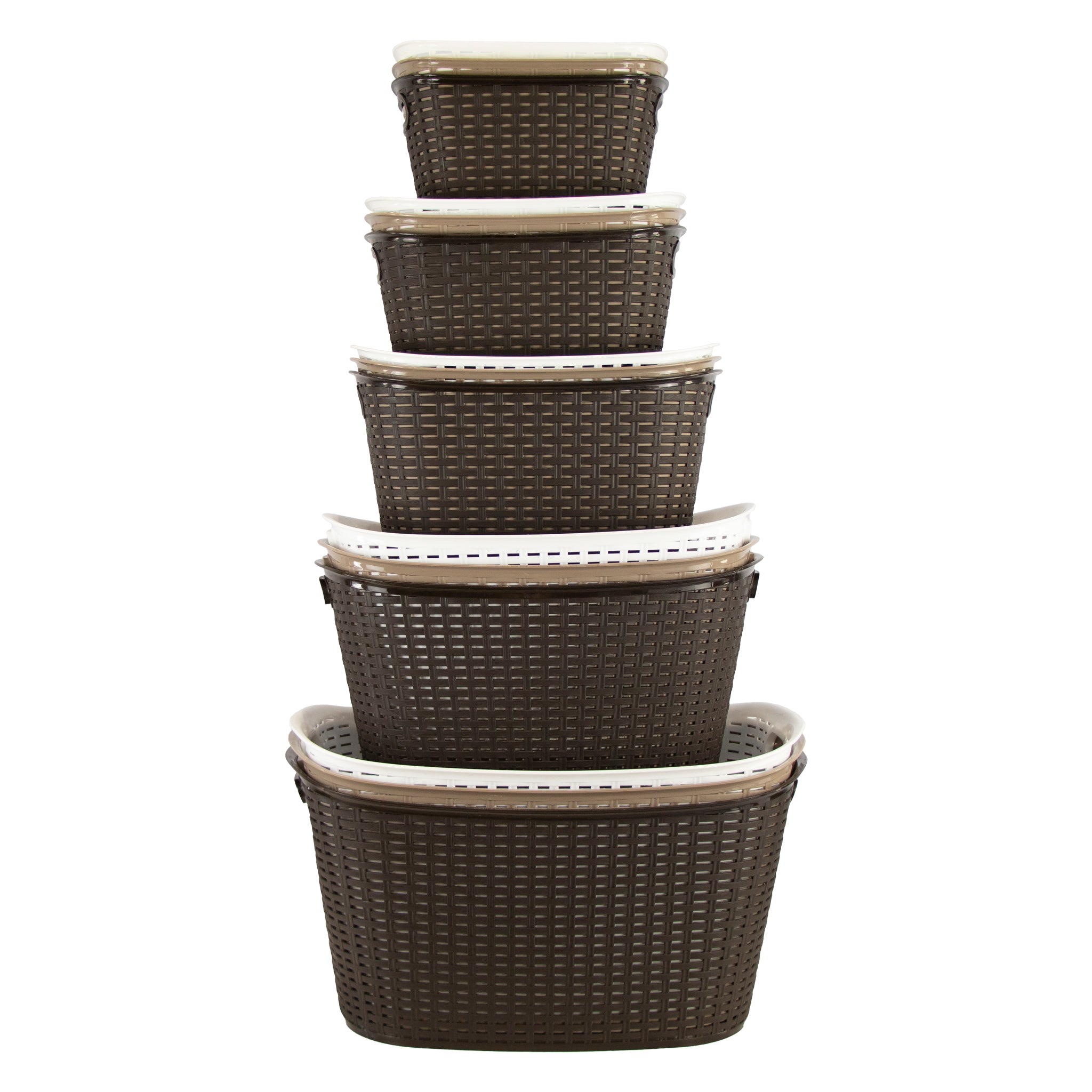 REGENT STOREAWAY PLASTIC WOVEN BASKET WITH HANDLES MINI, ASST. WHT, BGE & CHOC, 315X215X160MM