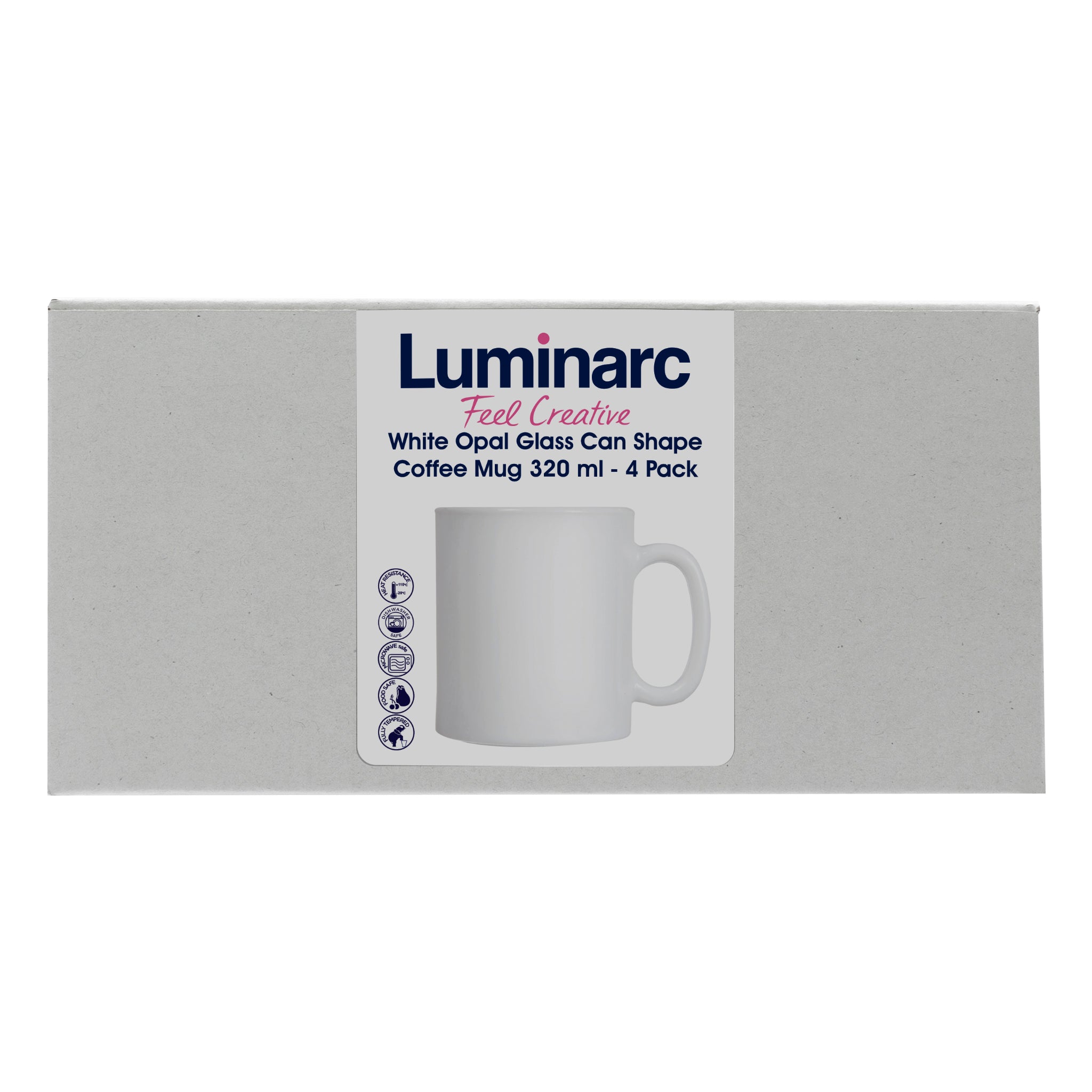LUMINARC WHITE OPAL GLASS CAN SHAPE COFFEE MUGS 4PK, 320ML