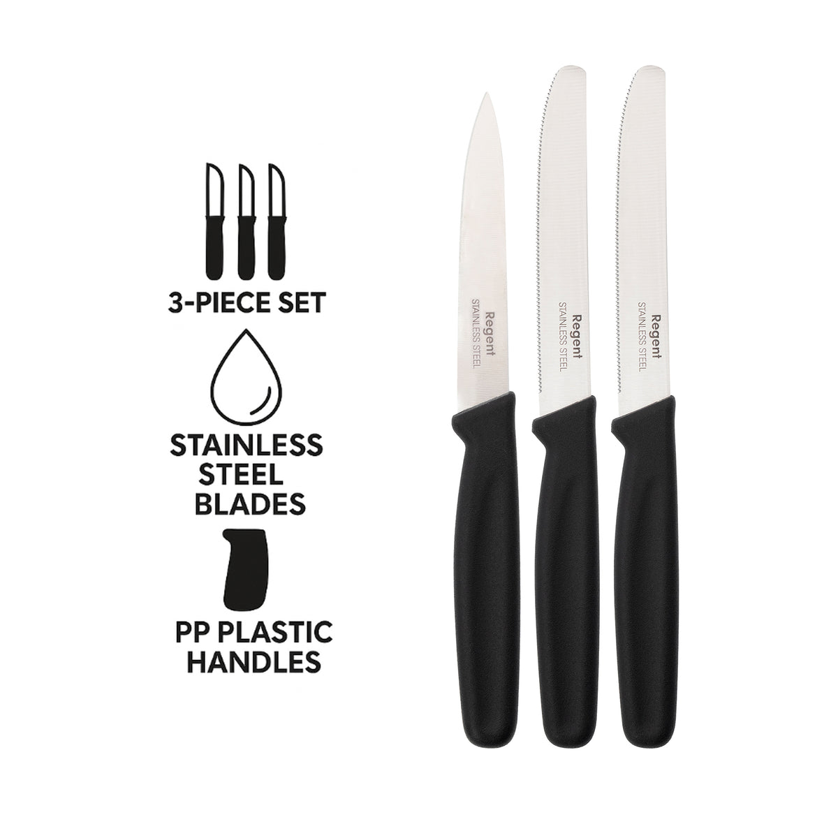 REGENT KITCHEN PARING KNIVES WITH BLACK HANDLES 3PCS SET, 207MM