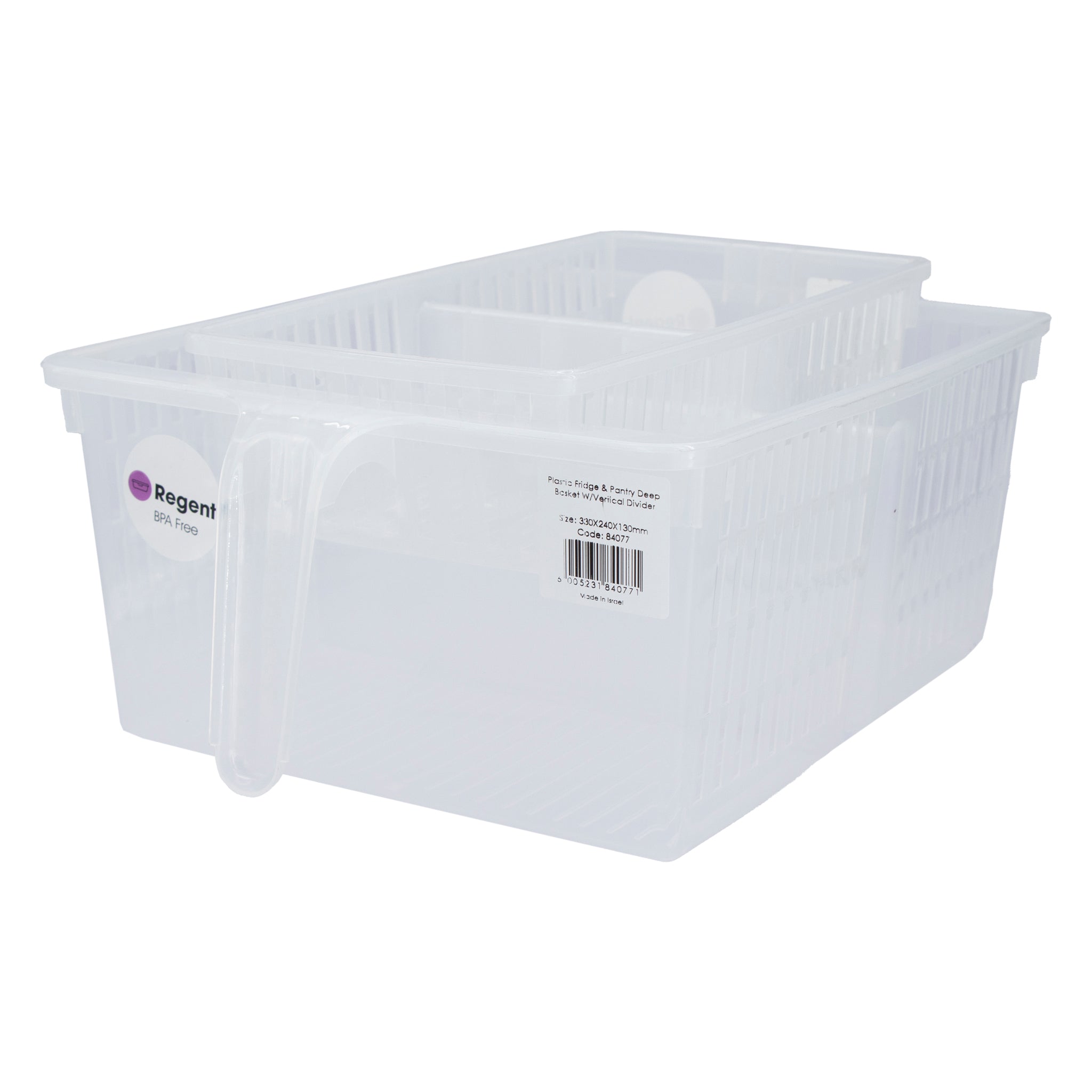 REGENT STOREAWAY CLEAR PLASTIC PANTRY & FRIDGE BASKET WITH DIVIDER, 330X145X65MM