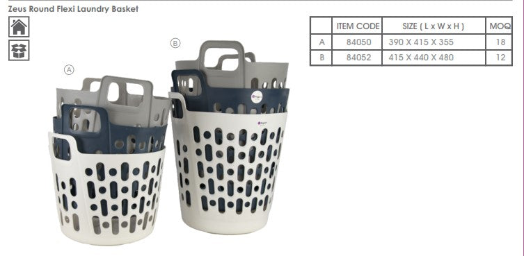 REGENT STOREAWAY PLASTIC FLEXY LAUNDRY BASKET SMALL, ASST. BLUE, GREY & WHT, 390X415X355MM
