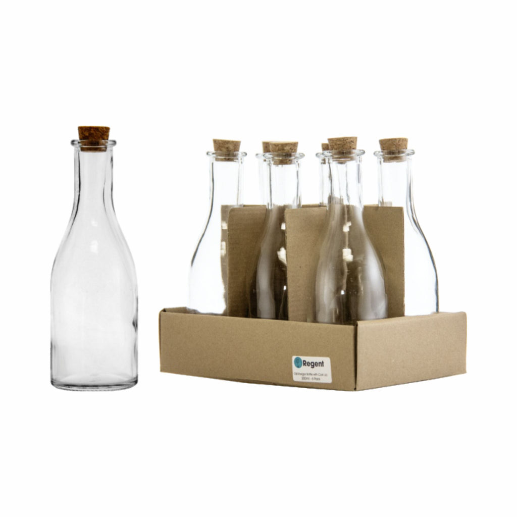 REGENT GLASS OIL/VINEGAR BOTTLE ROUND WITH CORK LID 6 PACK, 300ML (195