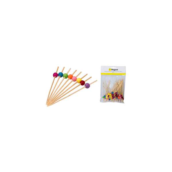 REGENT DISPOSABLE BAMBOO PICKS WITH COLOURED BEADS 50PCS, (120MM)