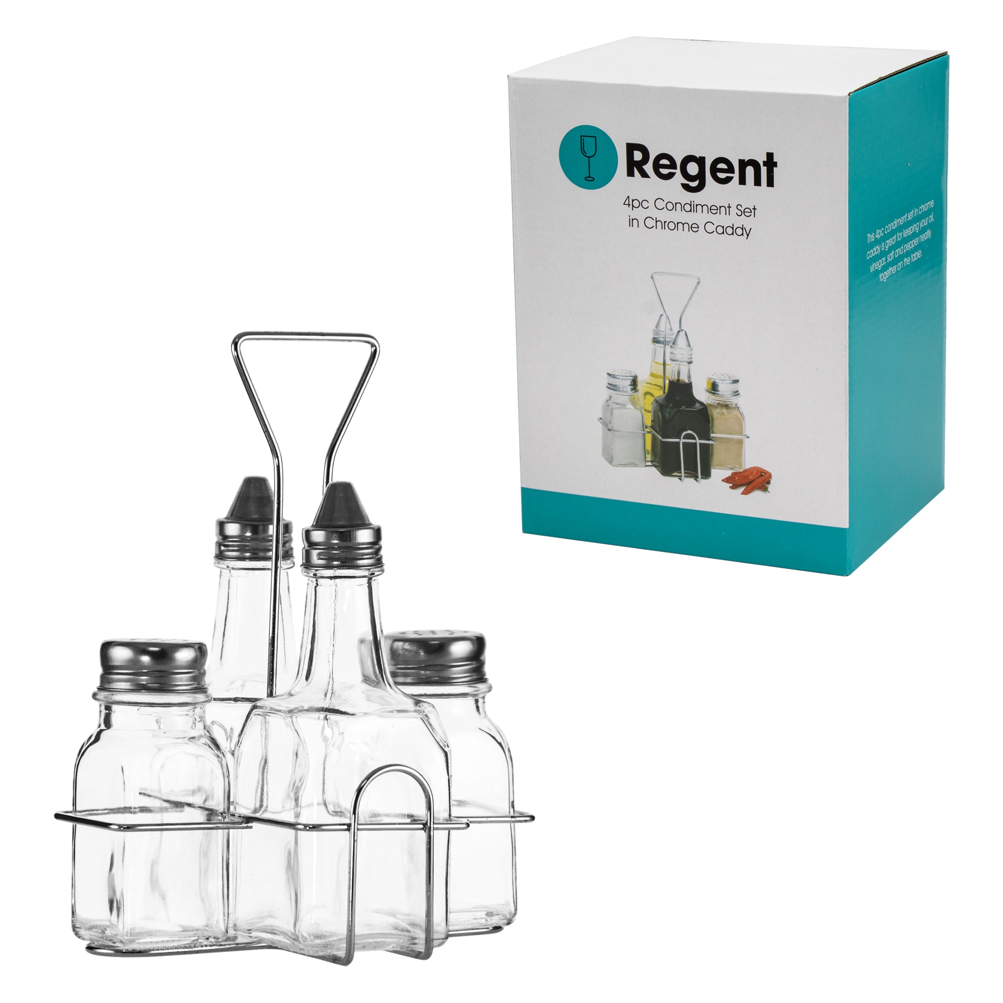 REGENT GLASS CONDIMENTS IN A CHROME CADDY 5PCS SET, 200ML l 70ML