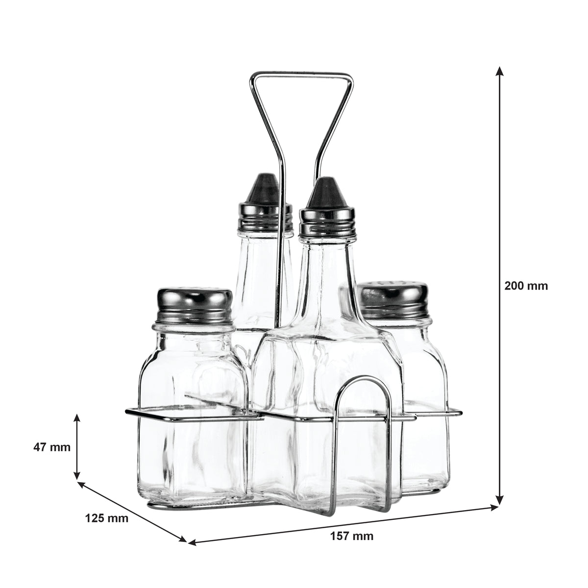 REGENT GLASS CONDIMENTS IN A CHROME CADDY 5PCS SET, 200ML l 70ML