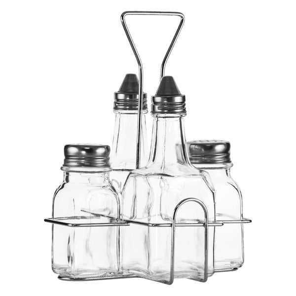 REGENT GLASS CONDIMENT 4 PIECES IN A CHROME CADDY, 200ML/70ML