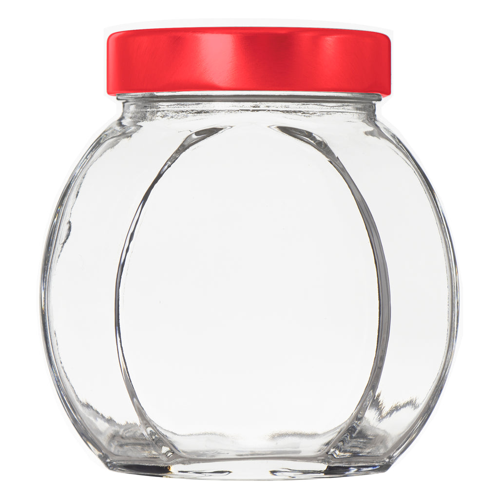 REGENT GLASS FACETED JAR WITH RED LID, 380ML