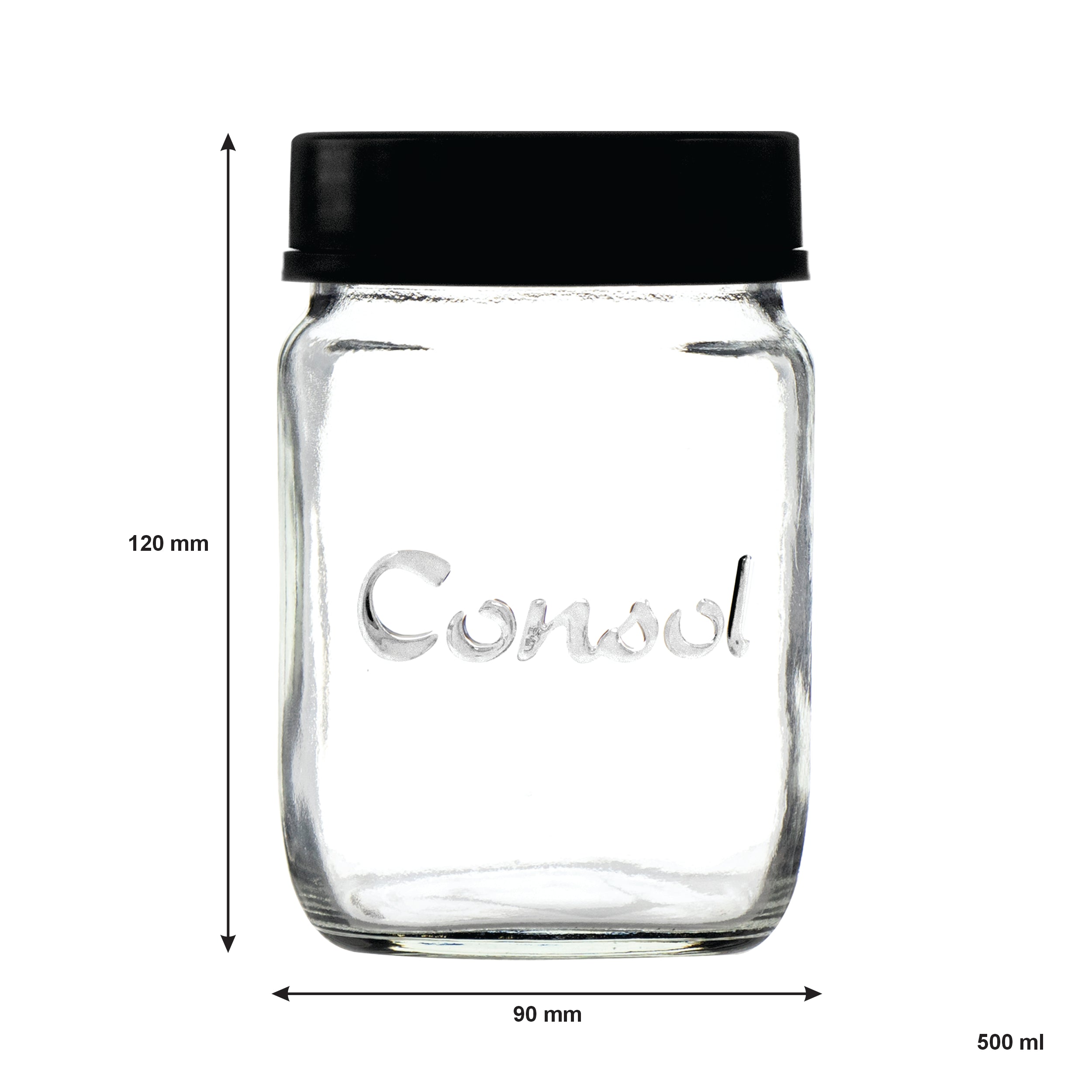 CONSOL JAR WITH NEW ASSORTED COLOURED LIDS, 500ML