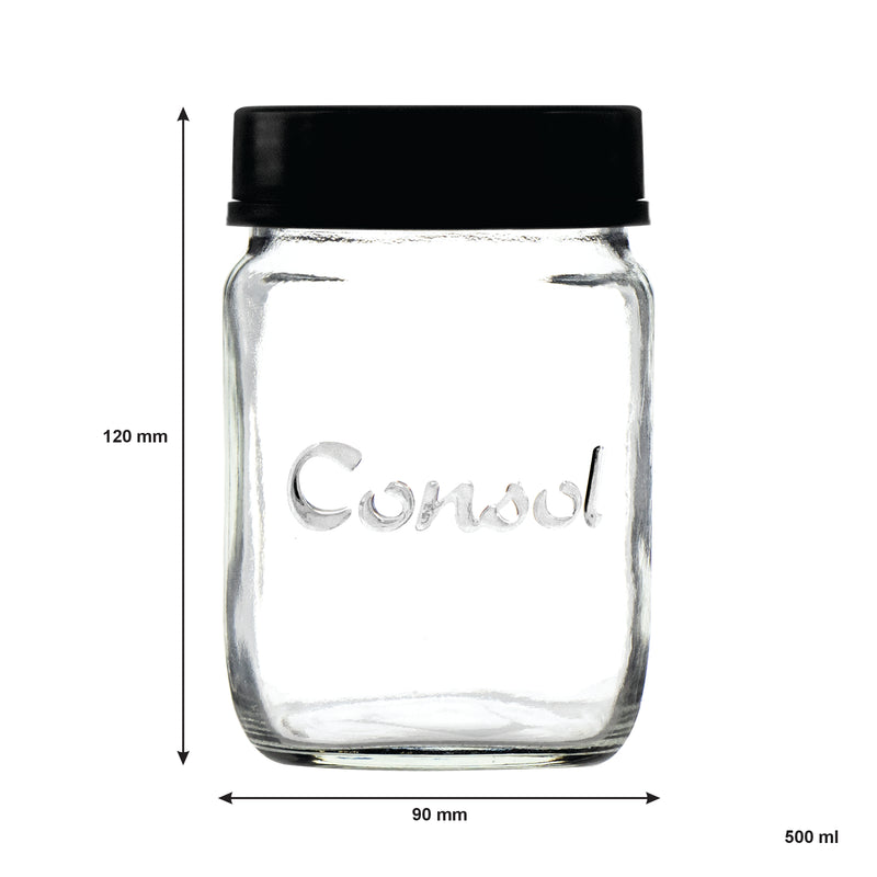 CONSOL JAR WITH NEW ASSORTED COLOURED LIDS, 500ML (120X90MM DIA)