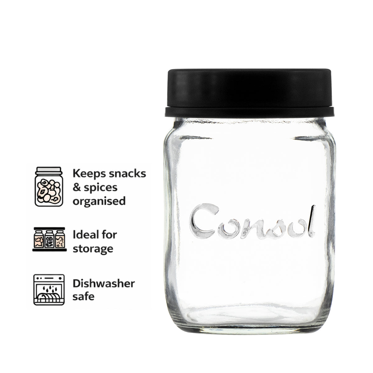 CONSOL JAR WITH NEW ASSORTED COLOURED LIDS, 500ML