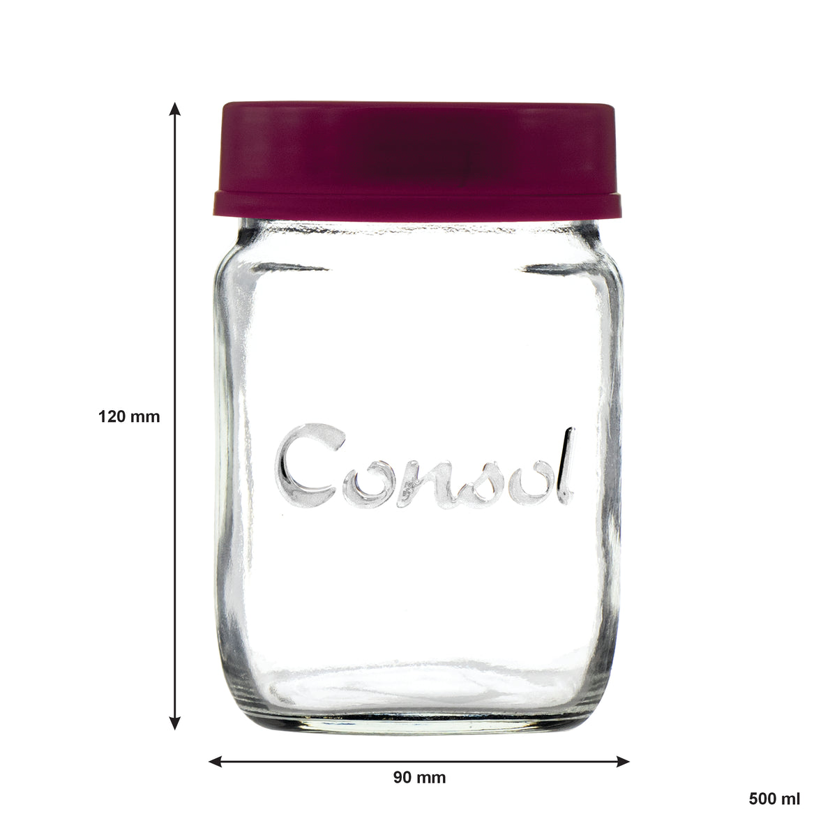 CONSOL JAR WITH NEW ASSORTED COLOURED LIDS, 500ML