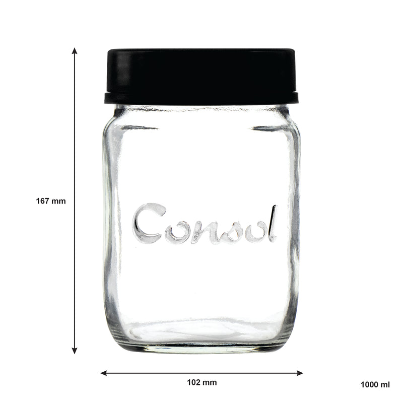 CONSOL JAR WITH NEW ASSORTED COLOURED LIDS, 1LT (167X102MM DIA)