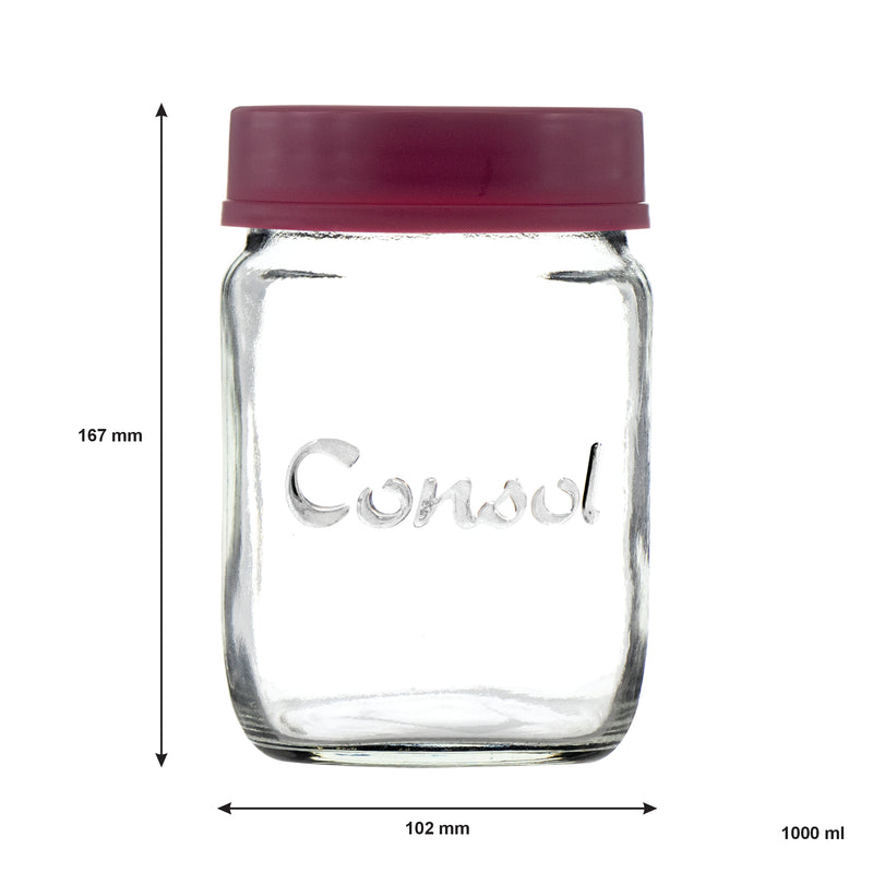 CONSOL JAR WITH NEW ASSORTED COLOURED LIDS, 1LT (167X102MM DIA)