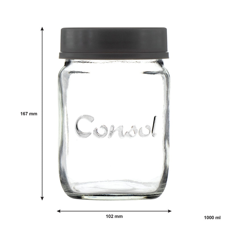 CONSOL JAR WITH NEW ASSORTED COLOURED LIDS, 1LT (167X102MM DIA)