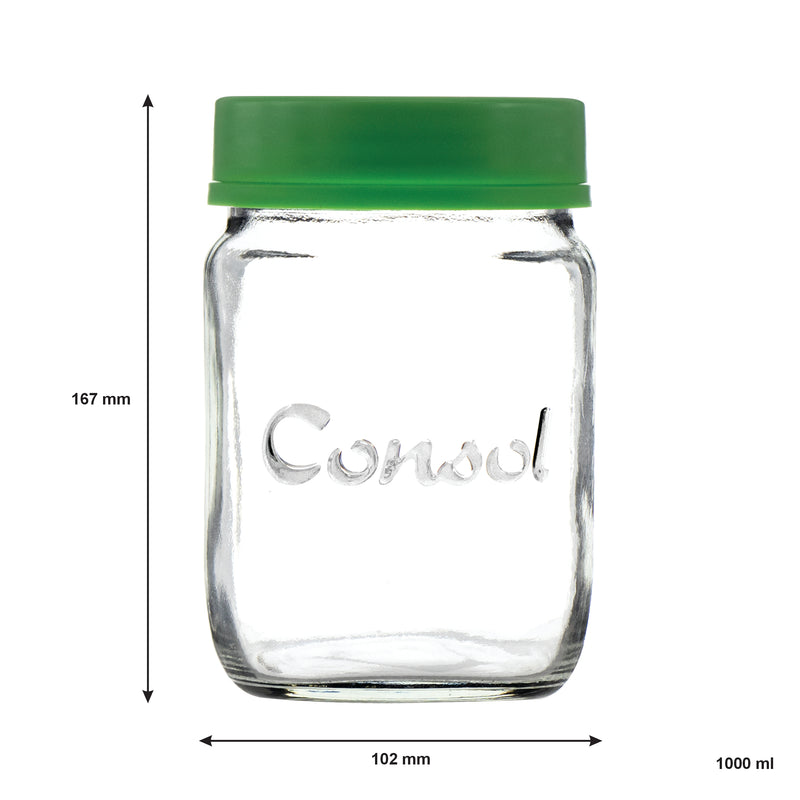 CONSOL JAR WITH NEW ASSORTED COLOURED LIDS, 1LT (167X102MM DIA)