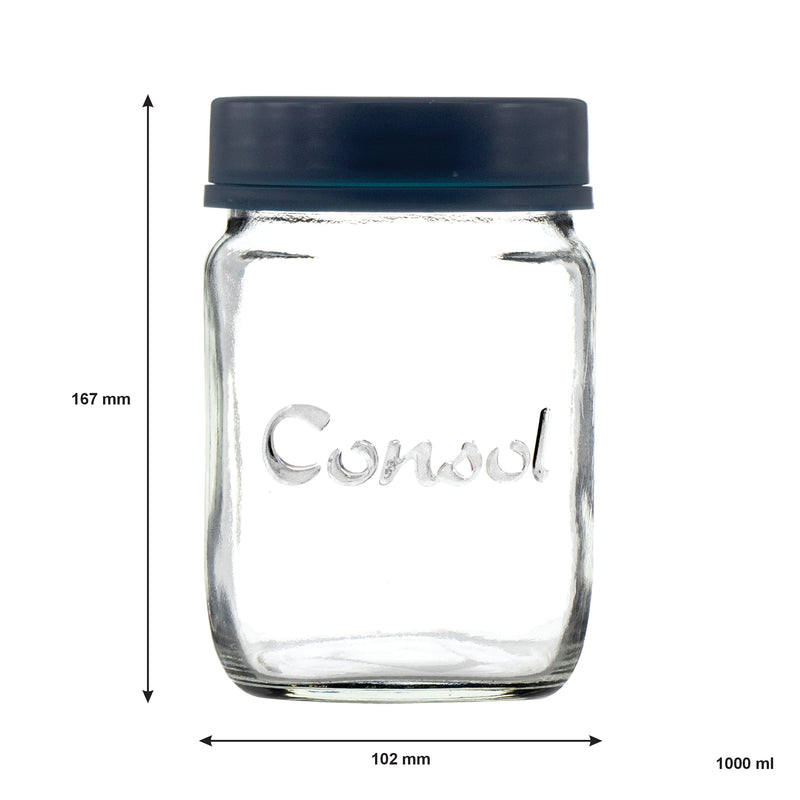CONSOL JAR WITH NEW ASSORTED COLOURED LIDS, 1LT (167X102MM DIA)