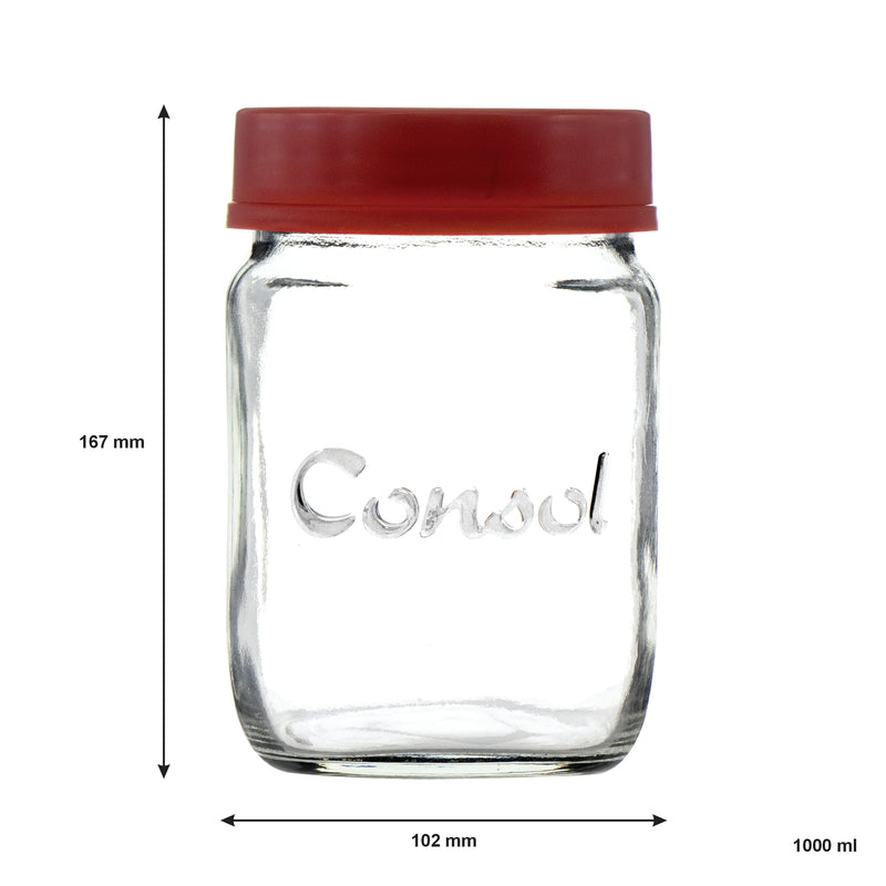 CONSOL JAR WITH NEW ASSORTED COLOURED LIDS, 1LT (167X102MM DIA)