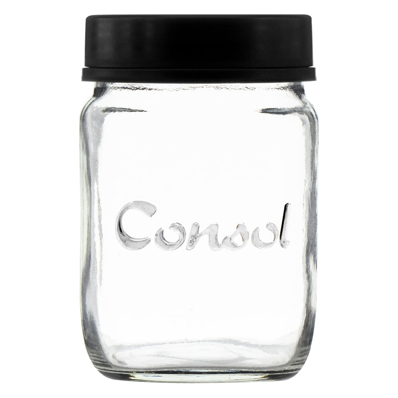 CONSOL JAR WITH NEW ASSORTED COLOURED LID, 250ML (105X69MM DIA)