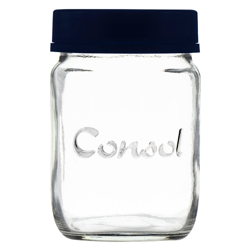 CONSOL JAR WITH NEW ASSORTED COLOURED LID, 250ML (105X69MM DIA)