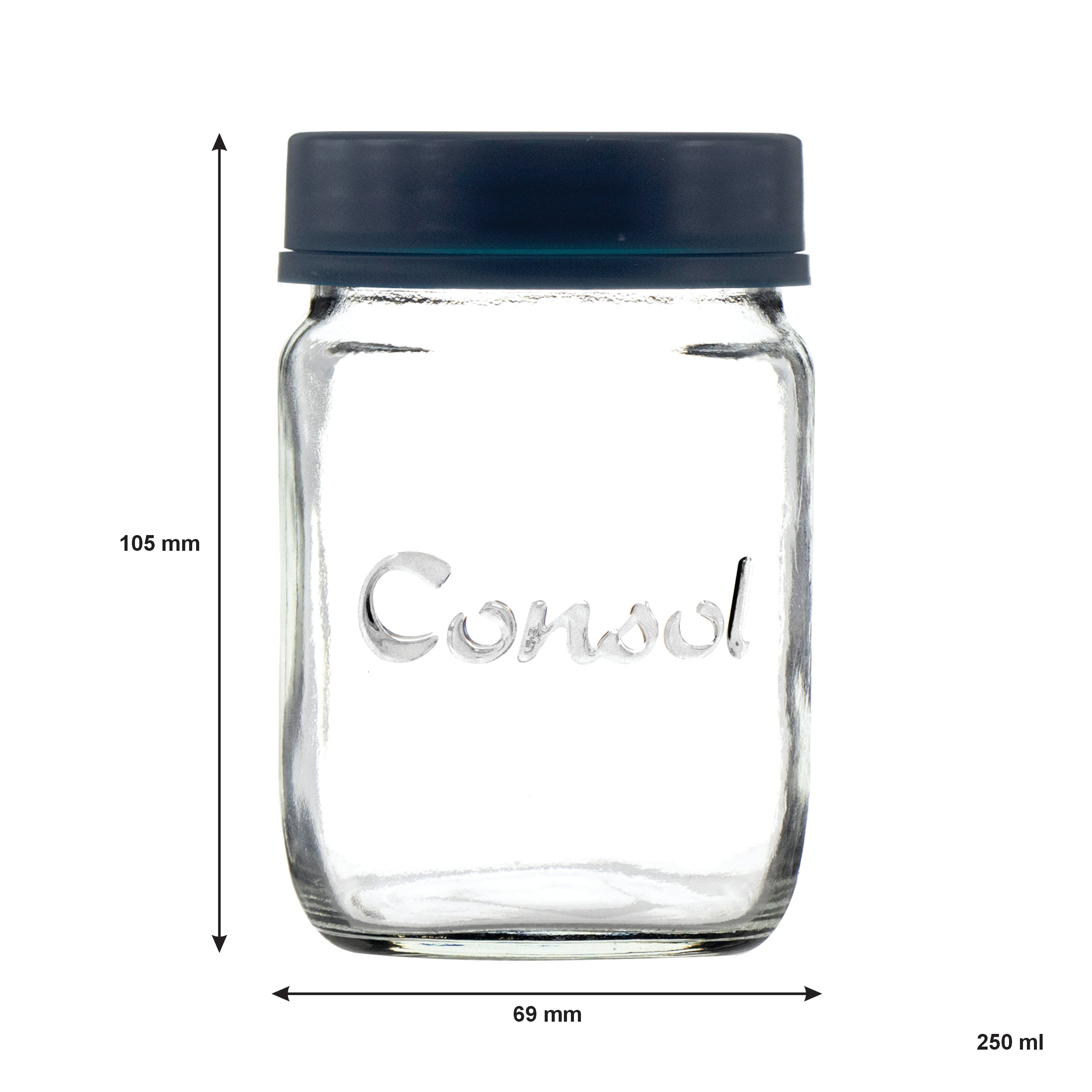CONSOL JAR WITH NEW ASSORTED COLOURED LID, 250ML