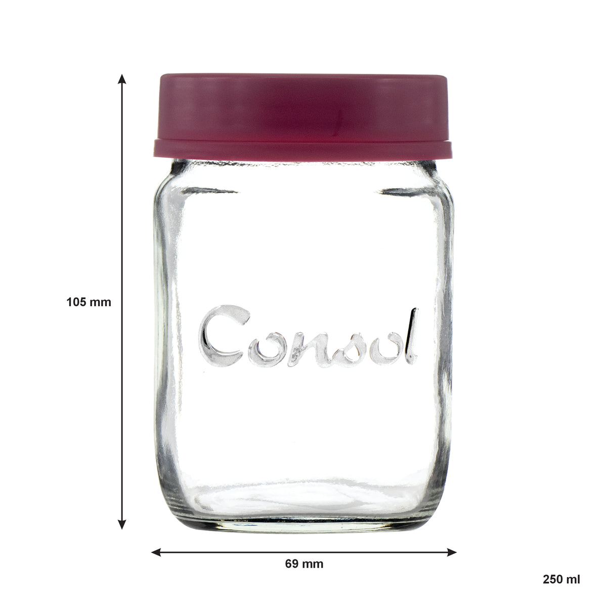 CONSOL JAR WITH NEW ASSORTED COLOURED LID, 250ML