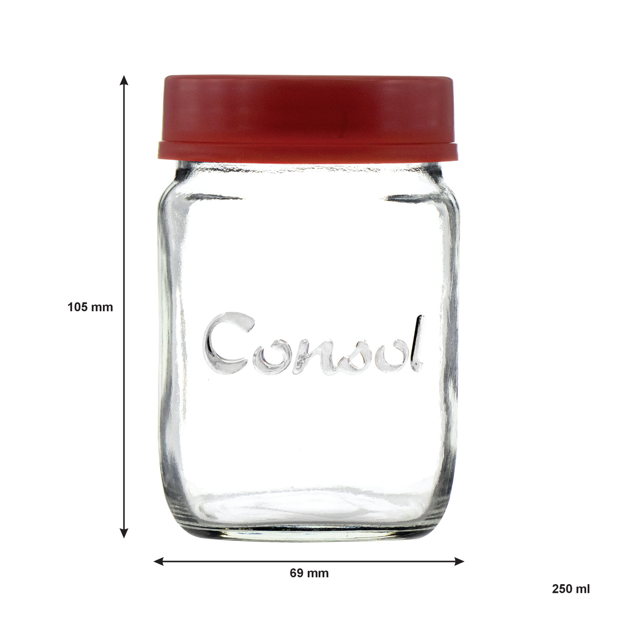 CONSOL JAR WITH NEW ASSORTED COLOURED LID, 250ML