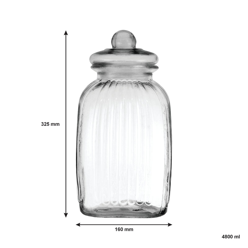 REGENT SQUARE GLASS RIBBED JAR WITH GLASS LID, 4.8LT (325X160X160MM)