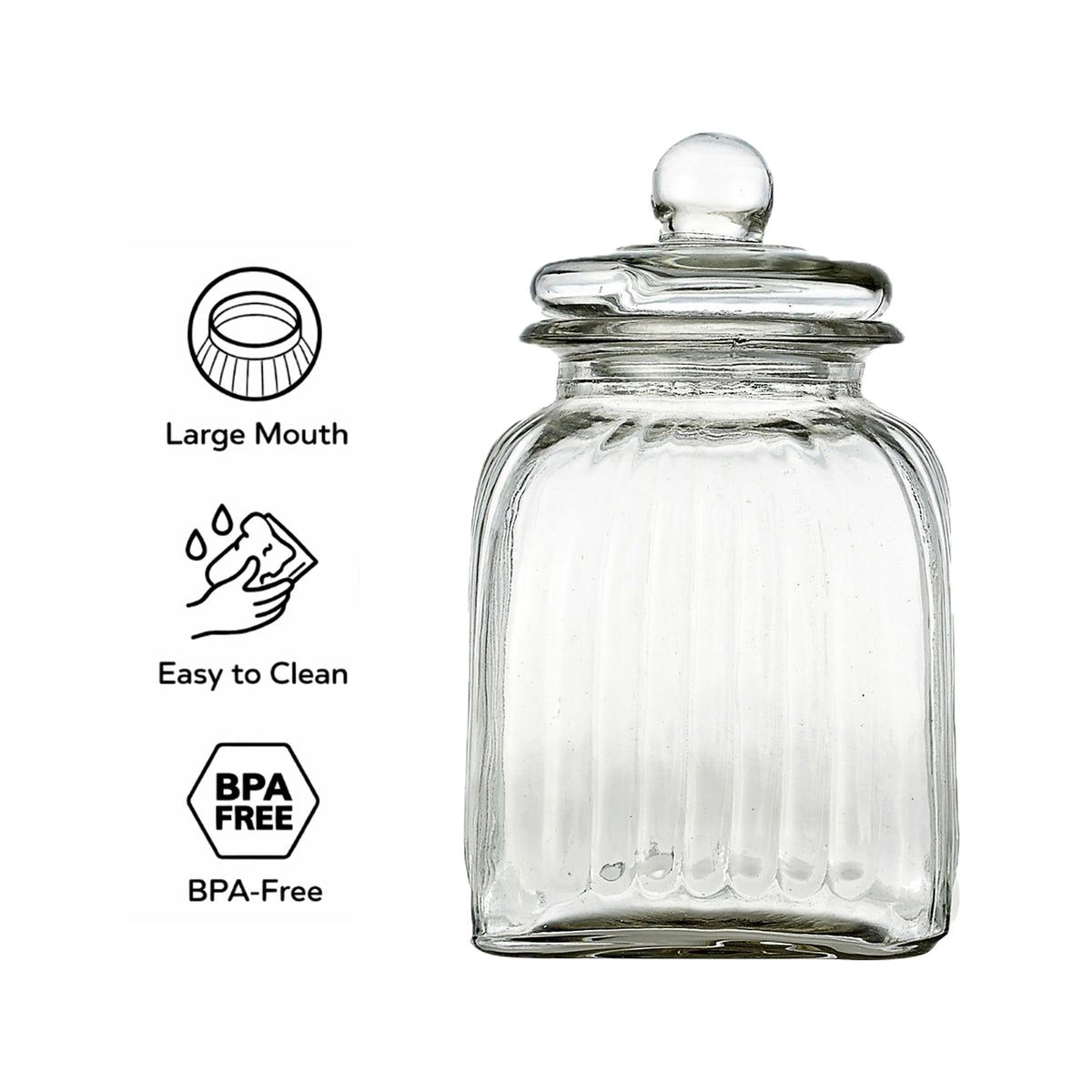 REGENT SQUARE GLASS RIBBED JAR WITH GLASS LID, 3.65L