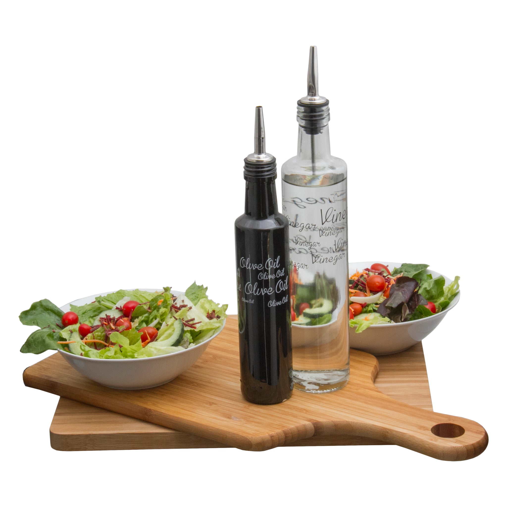 CONSOL ROUND PRINTED OLIVE OIL & VINEGAR BOTTLES WITH POURERS EA, 250ML