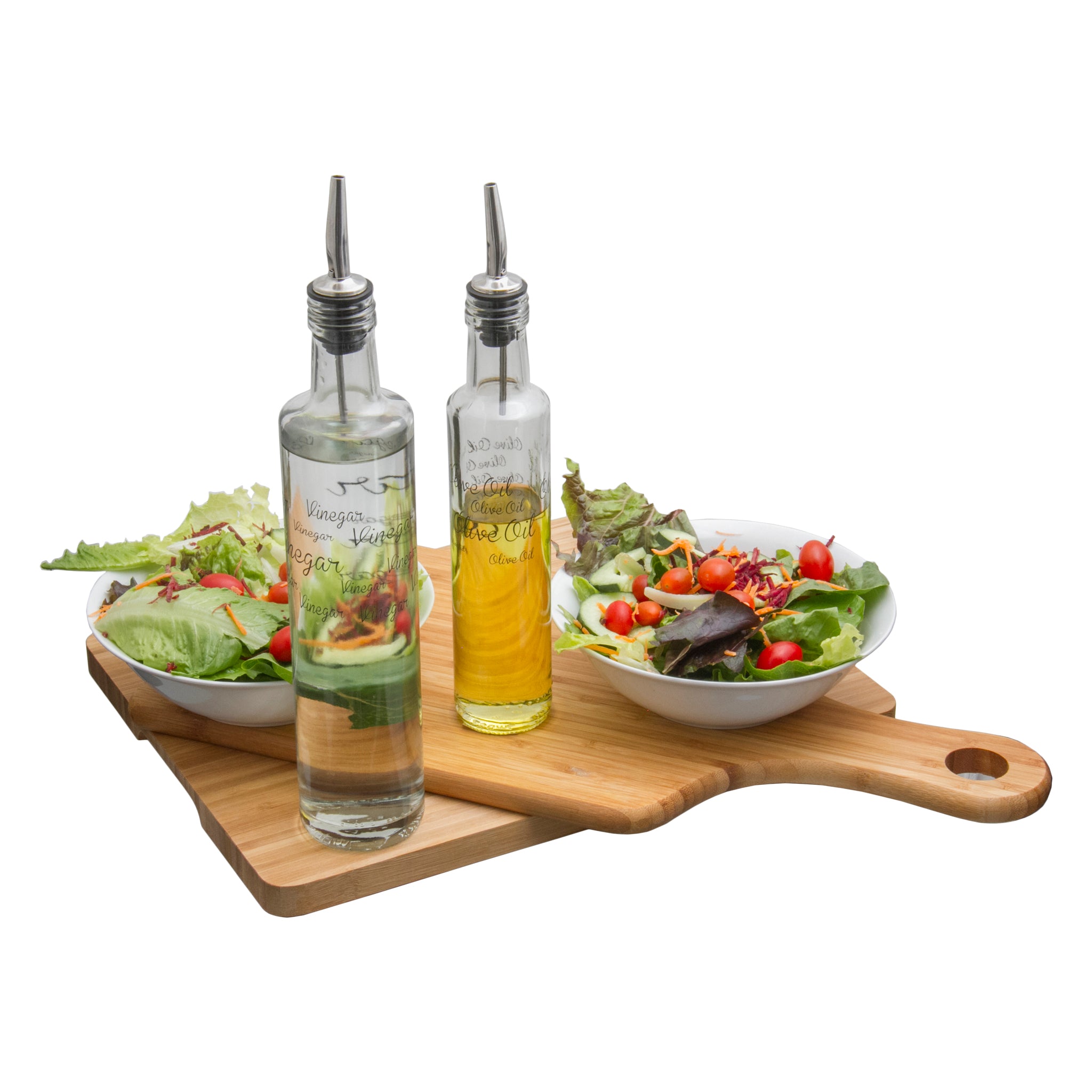 CONSOL ROUND PRINTED OLIVE OIL & VINEGAR BOTTLES WITH POURERS EA, 500ML