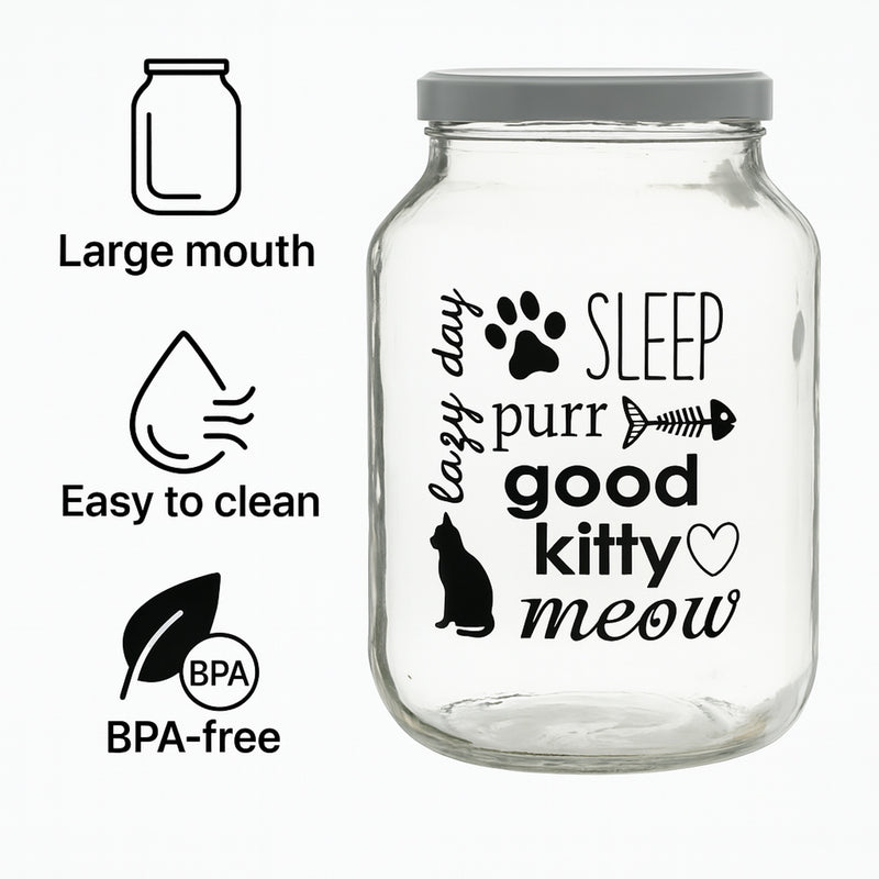 REGENT GLASS JAR WITH CAT PRINT AND WHITE LID, 3L