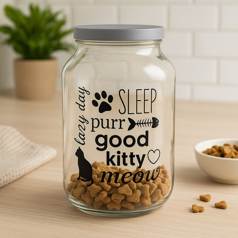 REGENT GLASS JAR WITH CAT PRINT AND WHITE LID, 3L