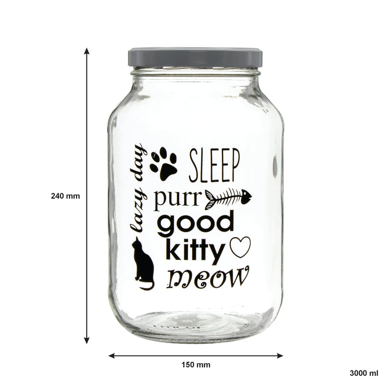 REGENT GLASS JAR WITH CAT PRINT AND WHITE LID, 3LT