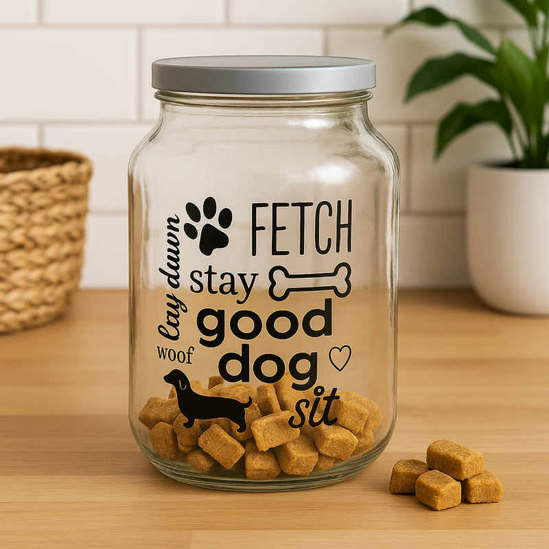 REGENT GLASS JAR WITH DOG PRINT AND WHITE LID, 3L